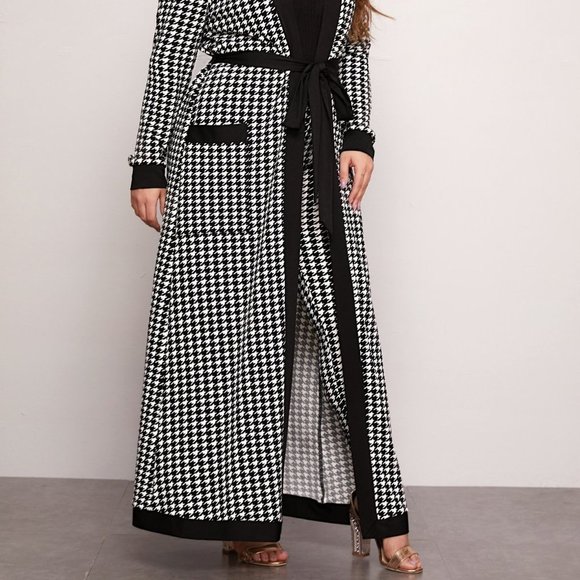 Black Casual Womens Patch Pocket Belted Houndstooth Coat & Leggings Set - Picture 4 of 5